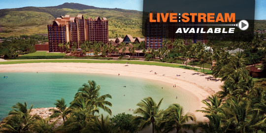 Beach view with a luxury hotel in the background. Aulani, A Disney Resort & Spa offers accredited CME conferences in Ko Olina, Hawaii.