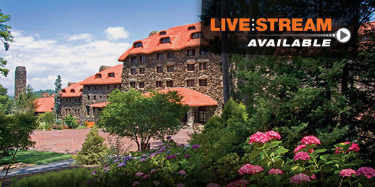 The historic Grove Park Inn in Asheville, nestled amidst lush greenery and blooming flowers in the Blue Ridge Mountains, offers a serene setting for CME/CE conferences with live stream options.