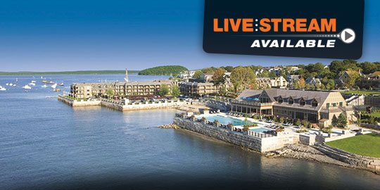 Aerial view of the Bar Harbor Harborside Hotel, a waterfront CME and CE conference venue in Maine with a marina, pool, and lush gardens.