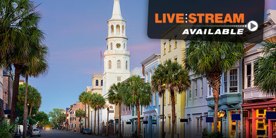 Historic church steeple rises above downtown Charleston, South Carolina, with palm trees swaying in the breeze. "LIVE STREAM AVAILABLE" banner promotes CME/CE conferences.