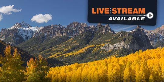 Golden aspen trees frame majestic mountains in Estes Park, Colorado, the scenic setting for fall CME/CE conferences with live stream options.