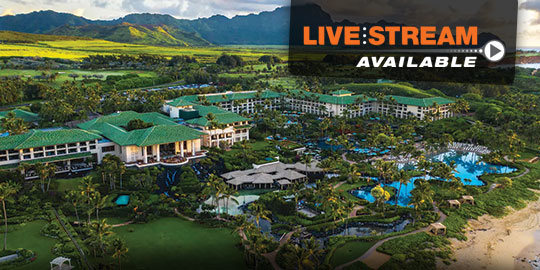 Aerial view of a large resort complex with multiple pools, waterslide, gardens, and beach access. Grand Hyatt Kauai Resort & Spa offers accredited CME conferences in Kauai, Hawaii.