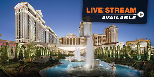 The iconic fountains of Caesars Palace in Las Vegas are illuminated at night, showcasing the luxurious setting for CME/CE conferences with live stream options.