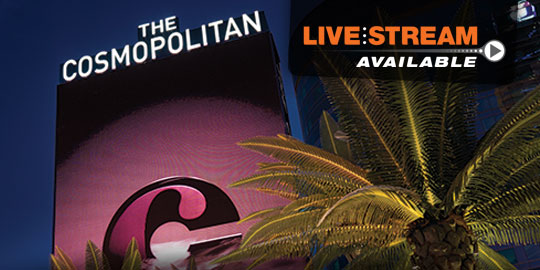 The Cosmopolitan sign illuminates the Las Vegas skyline at night, with a palm tree in the foreground, inviting CME/CE attendees to a unique conference experience with live stream options.