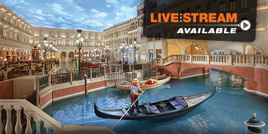A gondolier steers a gondola along an indoor canal at The Venetian Resort in Las Vegas, offering a unique setting for CME/CE conferences with live stream options.