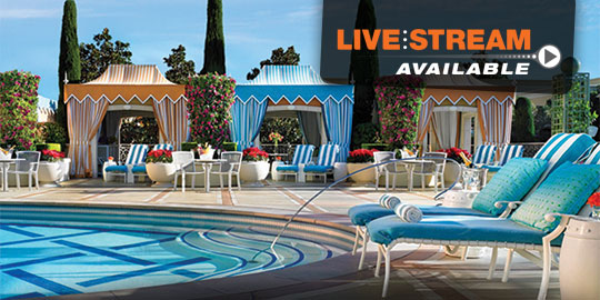 Luxurious poolside cabanas with striped curtains and comfortable lounge chairs beckon CME/CE attendees to the Wynn Las Vegas, where live stream options are available.
