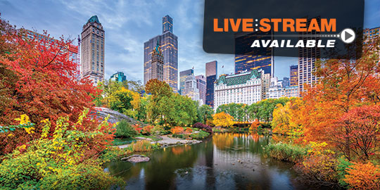 Vibrant fall foliage in Central Park, New York City, with the city skyline in the background, highlighting the scenic setting for CME/CE conferences with live stream options.