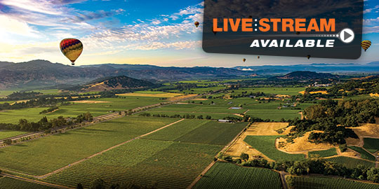 Colorful hot air balloons soar above the picturesque vineyards of Napa Valley, California, advertising CME/CE conferences with live stream options.