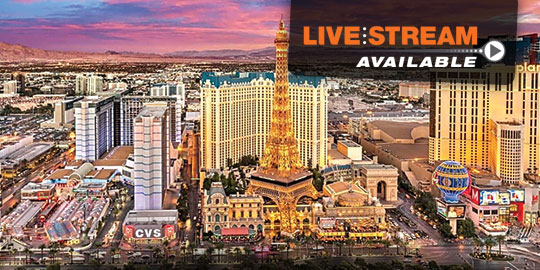 View of the Paris Las Vegas Hotel and Casino featuring the Eiffel Tower replica, colorful lights, and a vibrant cityscape at sunset, promoting livestream CME options.