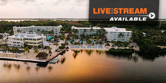 Tropical waterfront view of Reefhouse Resort in Key Largo promoting the 2026 CME conference with livestream access for medical professionals